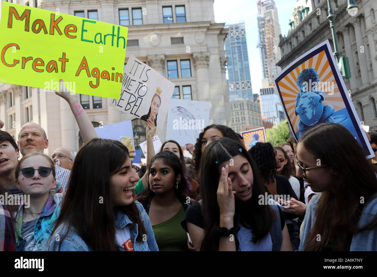 New York City, New York, USA. 20th Sep, 2019. Large crowd of students numbering in the tens of thousands joined others climate concern activists globally on 20 Sep, 2019, in Foley Square, Manhattan for a rally and march to Battery Park in Lower Manhattan in a Climate Strike inspired by Swedish climate activist Greta Thunberg, who addressed the large gathering. Credit: G. Ronald Lopez/ZUMA Wire/Alamy Live News Stock Photo