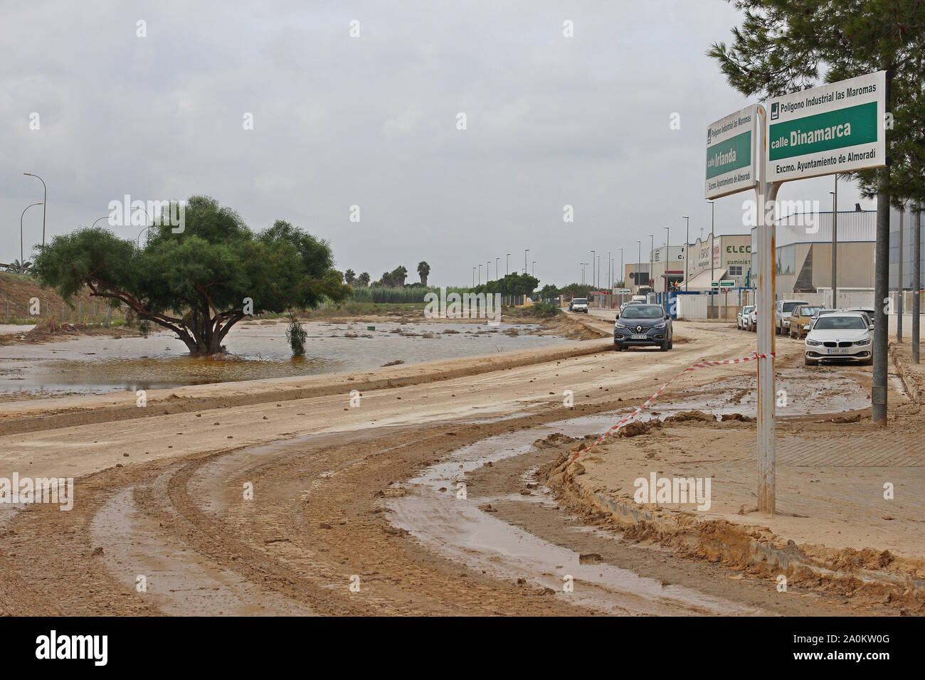 Almoradi, S.E.Spain. A massive clean up campaign needed to put this industrial estate back to normal after the massive gota fria storm  in Sept. 2019. Stock Photo