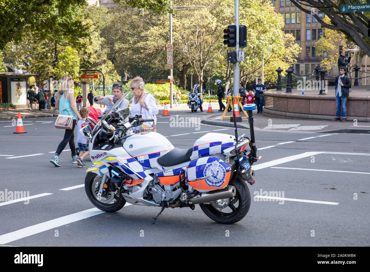 Sydney, police motorbike in Macquarie street as Police provide patrols for the climate change protest in Sydney city centre,Australia Stock Photo