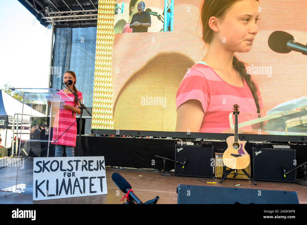 New York, USA,  20 September 2019.  Swedish activist Greta Thunberg addresses a Climate Strike rally in New York City.  Sign in Swedish reads: ' school march for the climate' . Credit: Enrique Shore/Alamy Live News Stock Photo