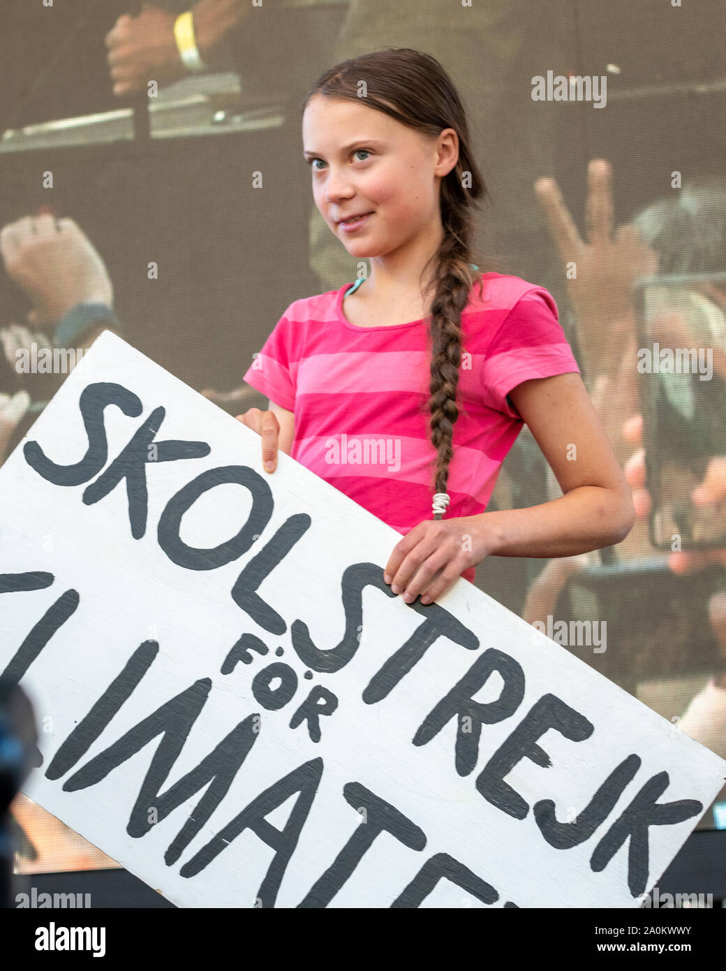 New York, USA,  20 September 2019.  Swedish activist Greta Thunberg addresses a Climate Strike rally in New York City.  Sign in Swedish reads: ' school march for the climate'  Credit: Enrique Shore/Alamy Live News Stock Photo