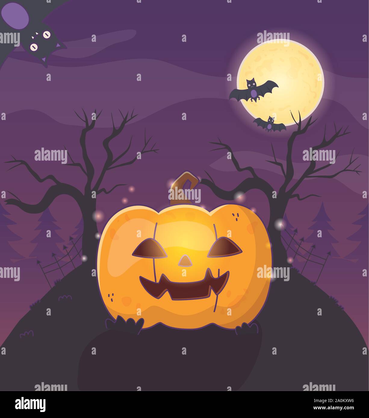 lantern pumpkin trees bats halloween vector illustration Stock Vector ...