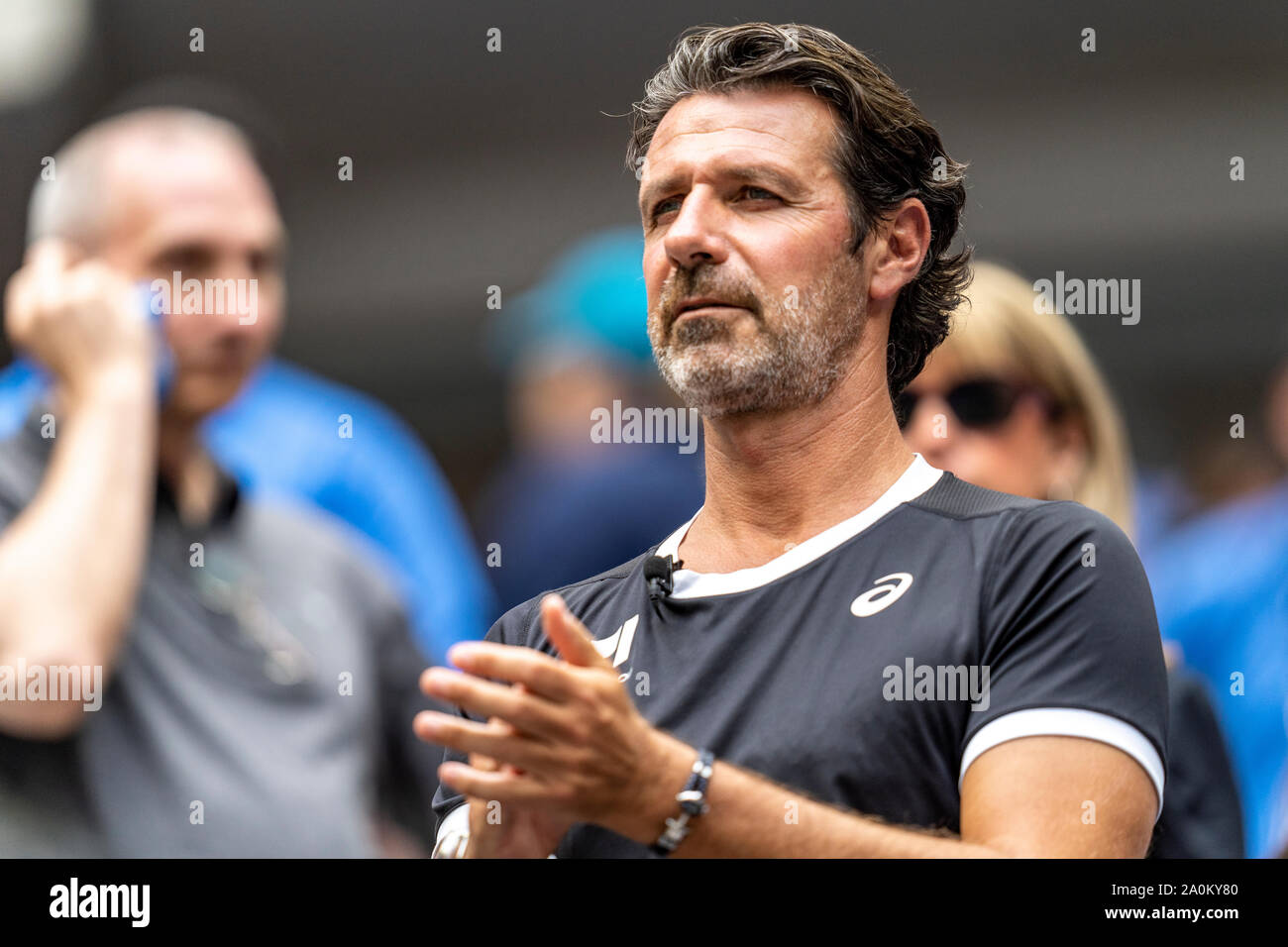 Serena Williams of USA's  coach Patrick Mouratoglou cheering her while she is competing in the finals of the Women's Singles at the 2019 US Open Tenni Stock Photo