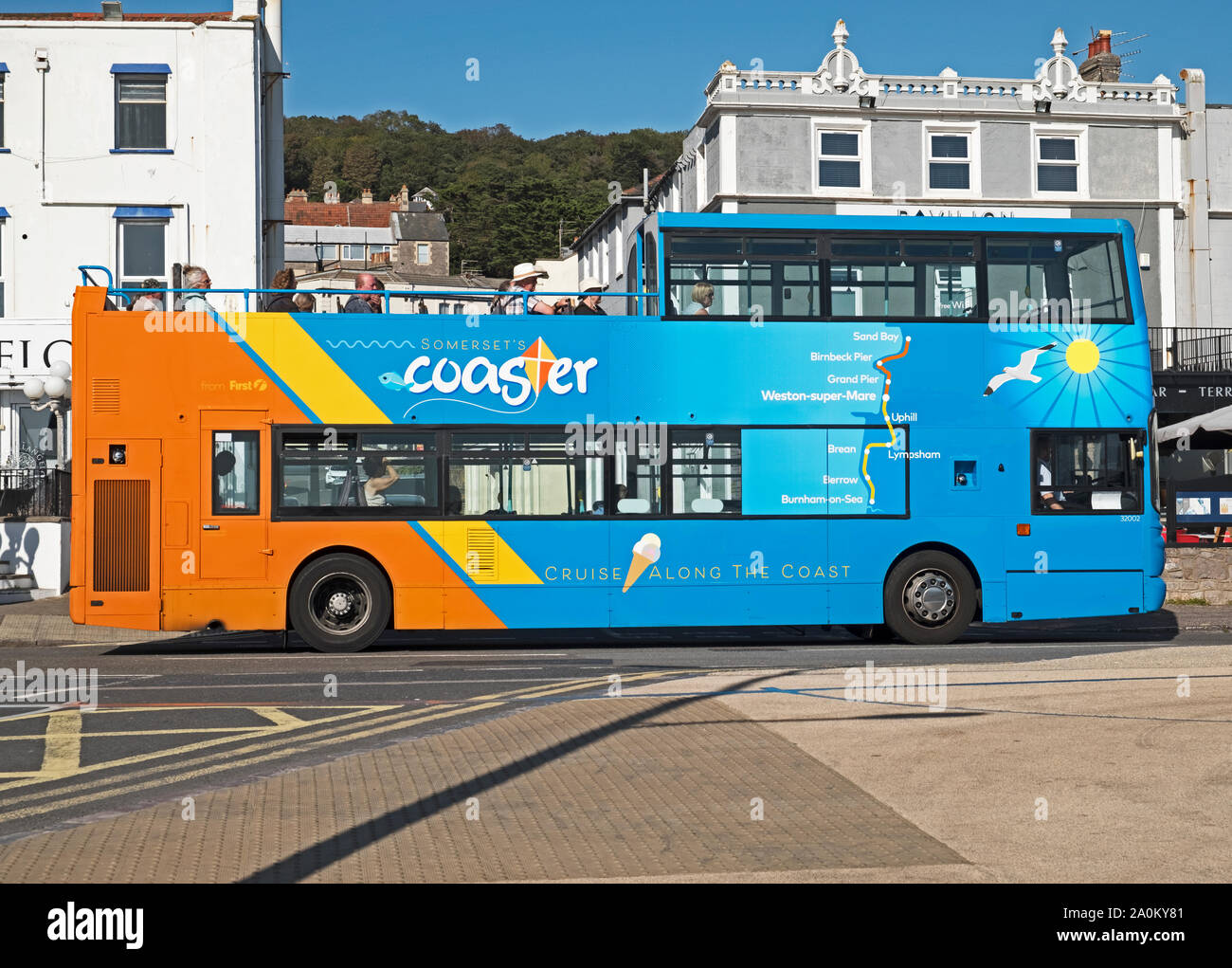 A Coaster open top bus in Weston-super-Mare, UK. The buses run on two routes from Weston-super-Mare to Sand Bay and Burnham-on-Sea. Stock Photo