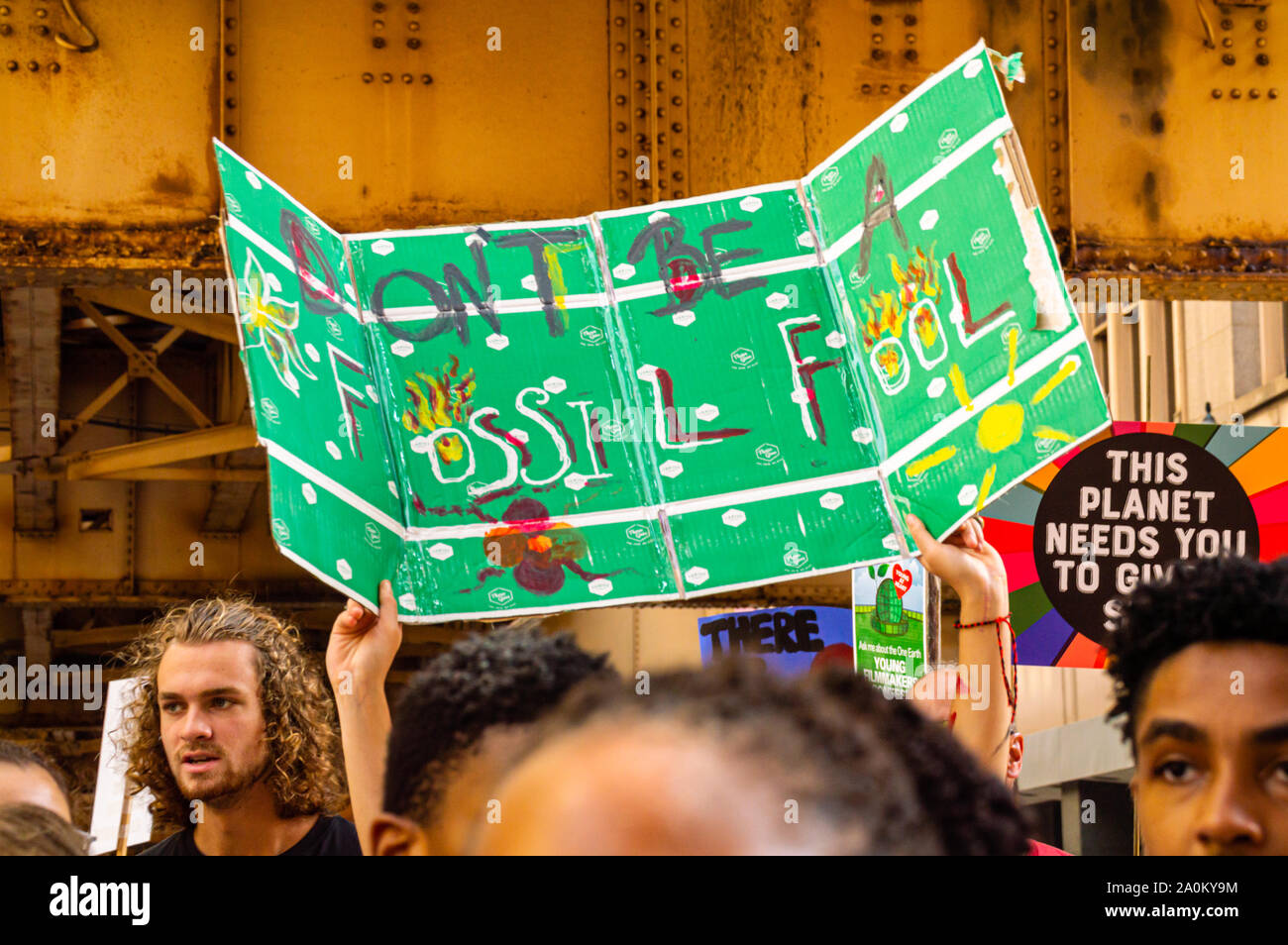 Chicago, USA-September 20, 2019: Global Climate Strike. Thousands of teens and people march downtown to bring awareness to the urgency of Climate Chan Stock Photo