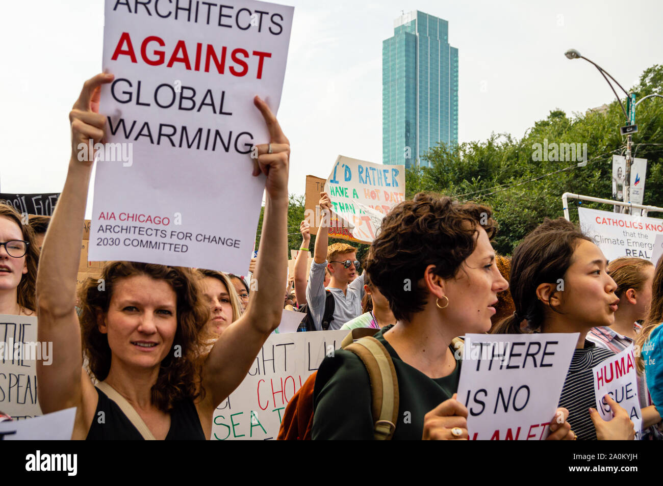 Chicago, USA-September 20, 2019: Global Climate Strike. Thousands of teens and people march downtown to bring awareness to the urgency of Climate Chan Stock Photo