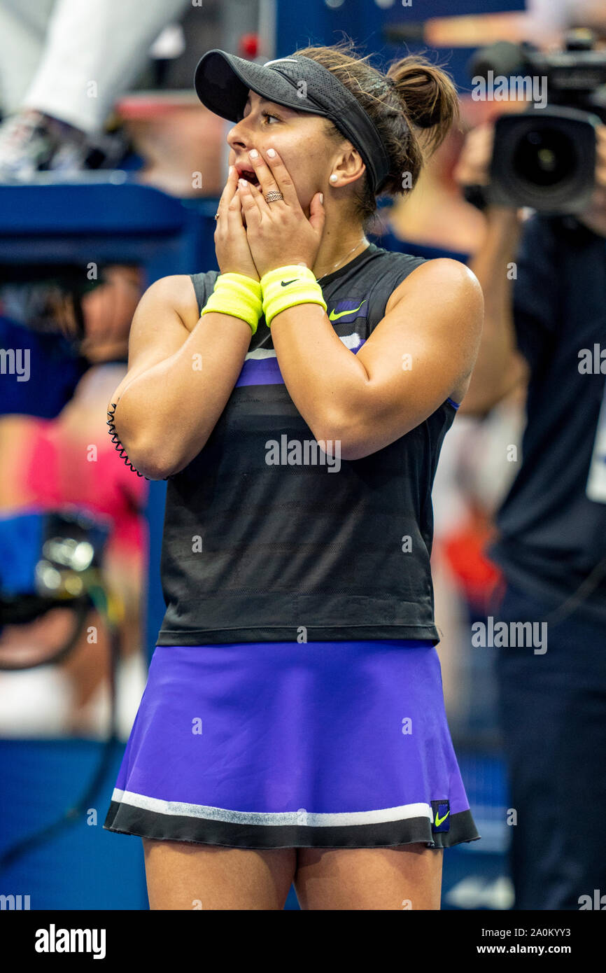 Bianca Andreescu of Canada's emotional reaction after defeating Serena Williams of the USA and winning the Women's Singles Finals at the 2019 US Open Stock Photo