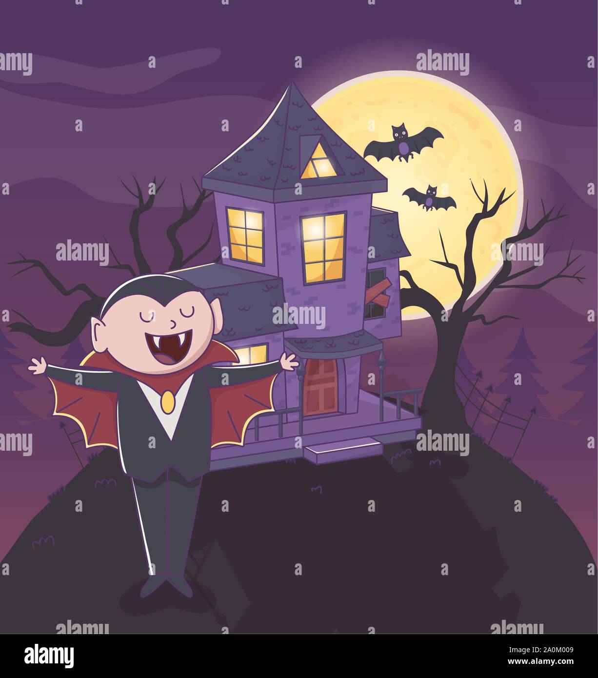 count dracula bats and house in the night halloween vector illustration Stock Vector
