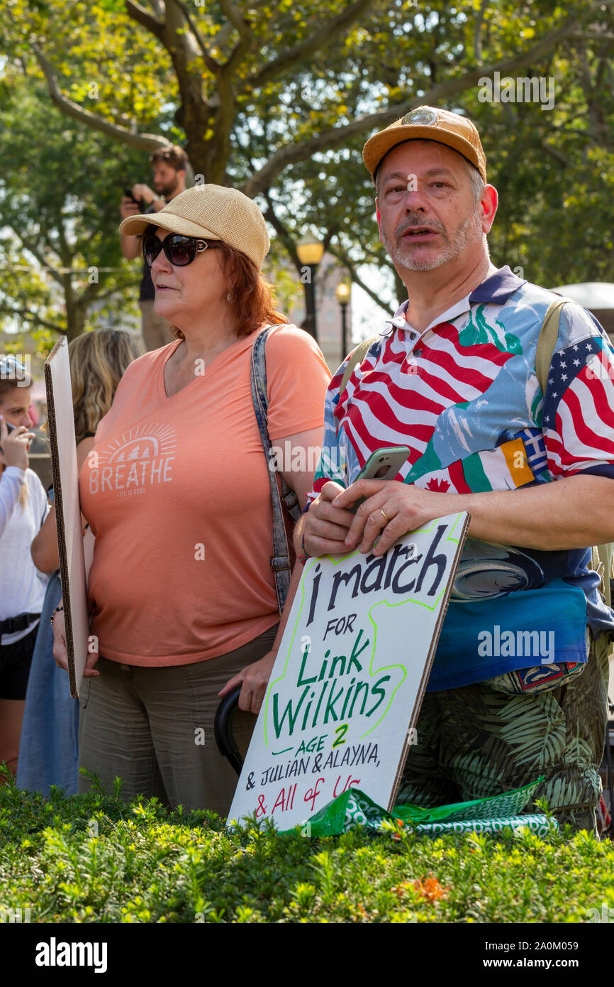 Detroit, Michigan, USA - 20 September 2019 - Gary and Gayle Smith marched for their two-year-old nephew, Link Wilkins, in the Global Climate Strike. It was part of a movement in more than 175 countries to end the age of fossil fuels. Credit: Jim West/Alamy Live News Stock Photo