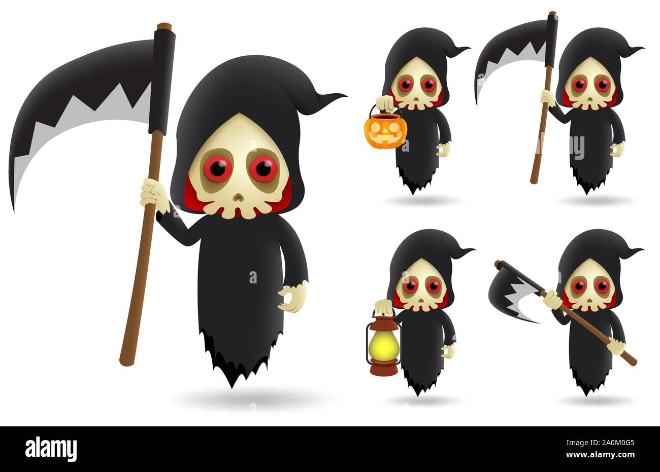 Grim reaper halloween character vector set. Grim reaper skeleton characters wearing halloween costume flying while holding scythe and pumpkin lantern. Stock Vector