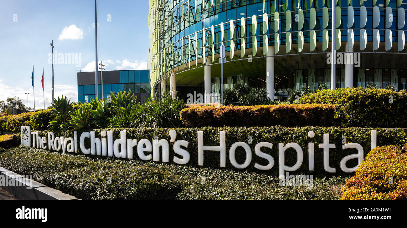 Sign of the Royal Children's Hospital Melbourne outside its building. Stock Photo