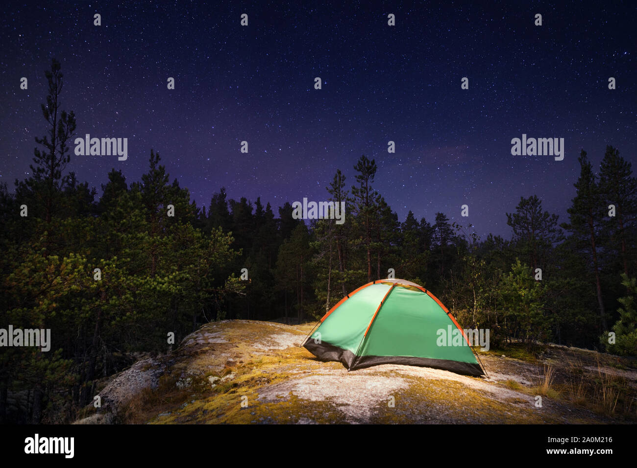 Illuminated tent at night in the northern forest under starry sky. Long ...