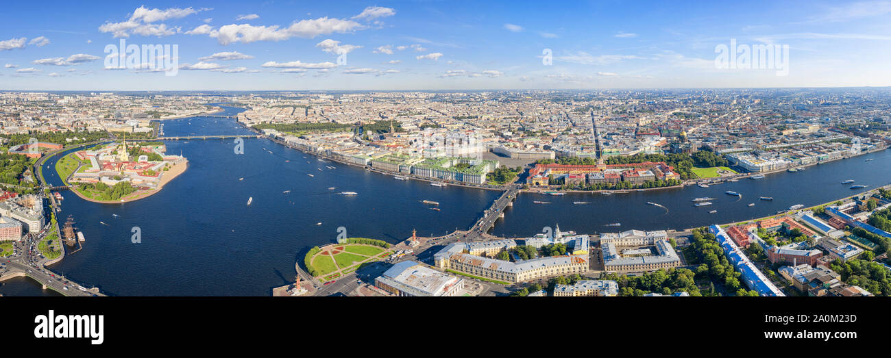 Large aerial panoramic view of Neva river in Saint Petersburg, Russia. Hermitage, Admiralty, Saint Isaac's cathedral, Peter and Paul fortress and many Stock Photo