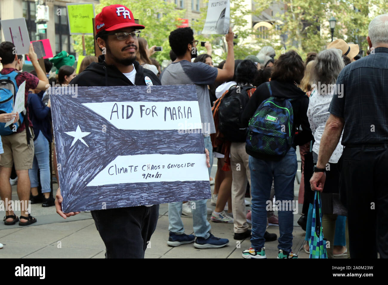 New York City, New York, USA. 20th Sep, 2019. Puerto Ricans in New York City, joined the Global Strike March in New York City on 20 Sep, 2019, in memory of the four (4) thousand plus lives lost on the second (2nd.) anniversary of hurricane Maria's devastation of the island, which struck the Caribbean-US territory on 20 Sep, 2018, and who are still struggling with recovery from the climate induced disaster. Credit: G. Ronald Lopez/ZUMA Wire/Alamy Live News Stock Photo