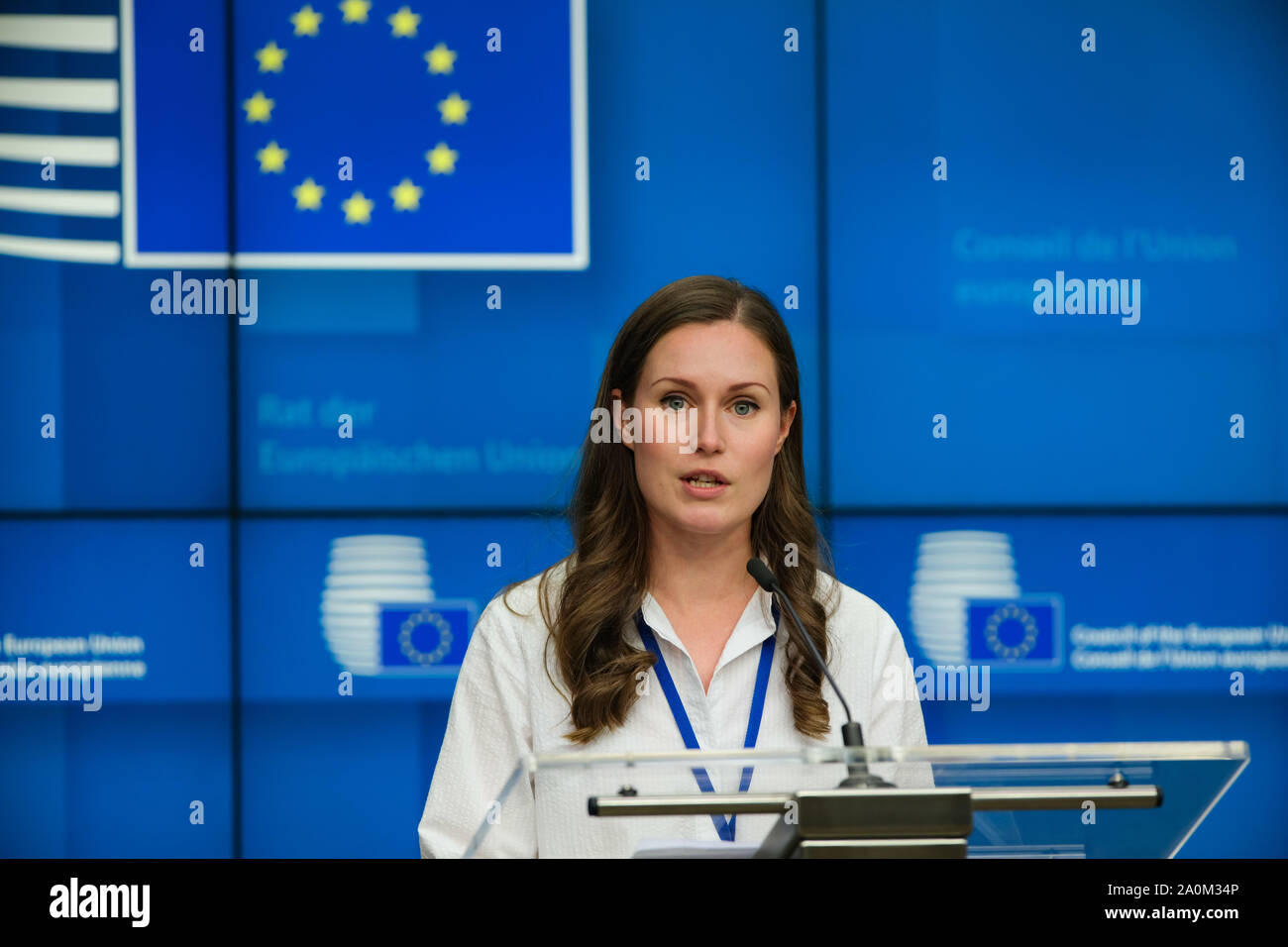 Brussels, Belgium. 20th Sep, 2019. Finnish Minister for Transport and Communications Sanna Marin attends a press conference of the EU Transport, Telecommunications and Energy Council, in Brussels, Belgium, Sept. 20, 2019. Credit: Zhang Cheng/Xinhua/Alamy Live News Stock Photo
