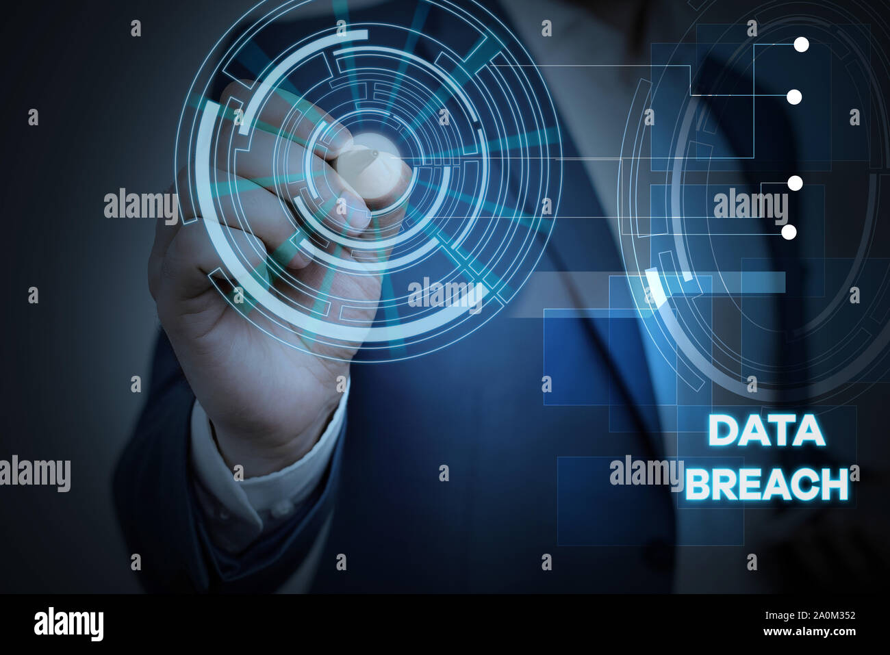 Conceptual hand writing showing Data Breach. Concept meaning security incident where sensitive protected information copied Male wear formal suit pres Stock Photo