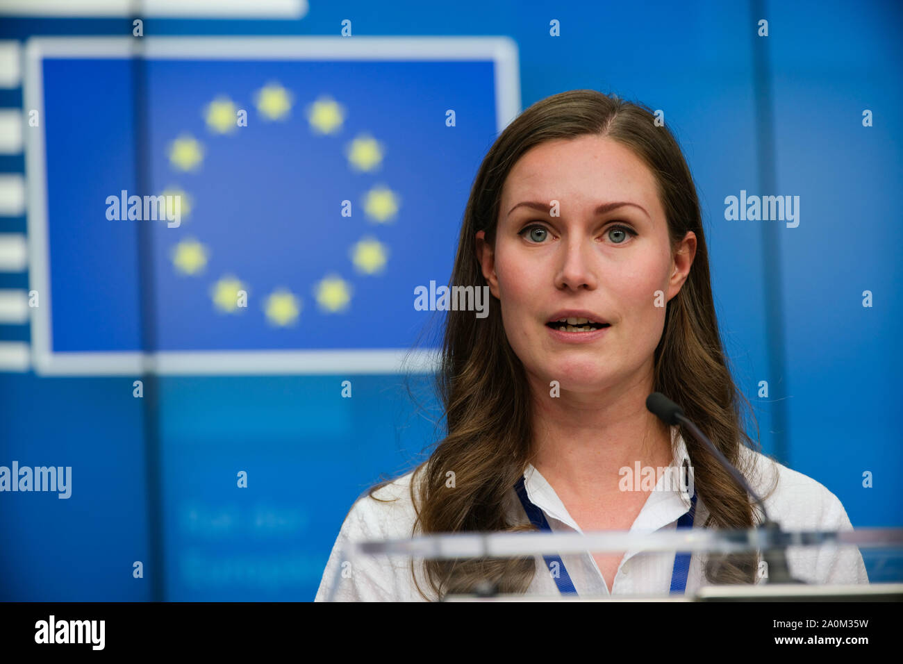 Brussels, Belgium. 20th Sep, 2019. Finnish Minister for Transport and Communications Sanna Marin attends a press conference of the EU Transport, Telecommunications and Energy Council, in Brussels, Belgium, Sept. 20, 2019. Credit: Zhang Cheng/Xinhua/Alamy Live News Stock Photo