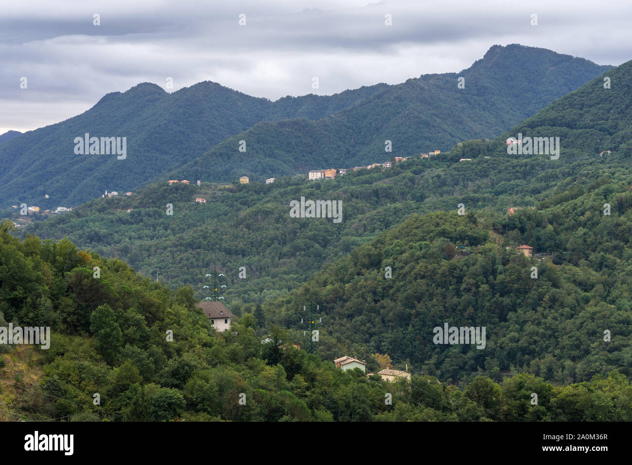 Landscape of the Apennines with green dense forest and villages in Liguria, Italy Stock Photo