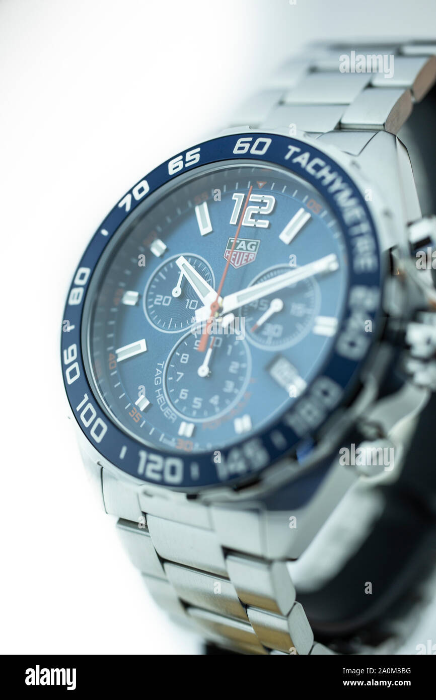 Chaux-de-Fonds, Switzerland, August 21 2019 - The close up of Tag Heuer  formula 1 Grand Carrera watch with tachymetre Stock Photo - Alamy