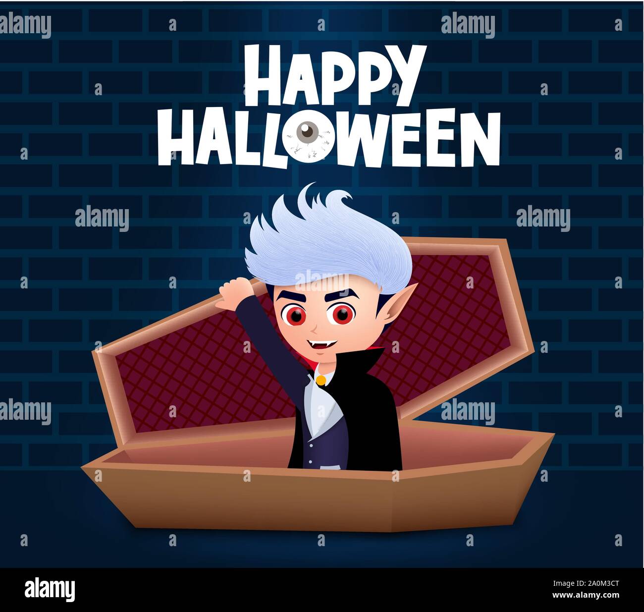 Happy halloween vampire vector design. Male vampire dracula with red eyes wearing cape while sitting inside the coffin with happy halloween greeting. Stock Vector