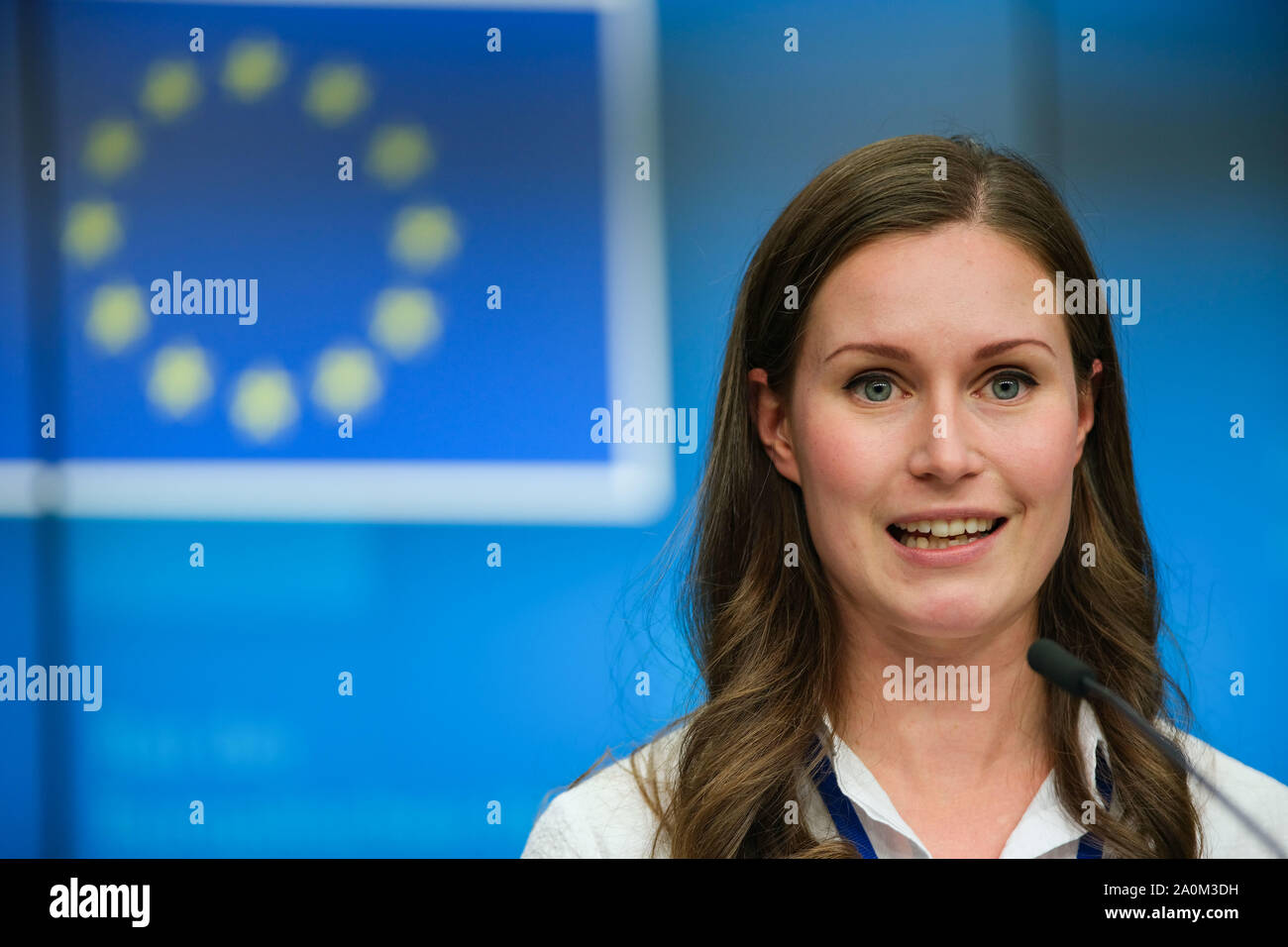 Brussels, Belgium. 20th Sep, 2019. Finnish Minister of Transport and Communications Sanna Marin attends a press conference of the EU Transport, Telecommunications and Energy Council, in Brussels, Belgium, Sept. 20, 2019. Credit: Zhang Cheng/Xinhua/Alamy Live News Stock Photo
