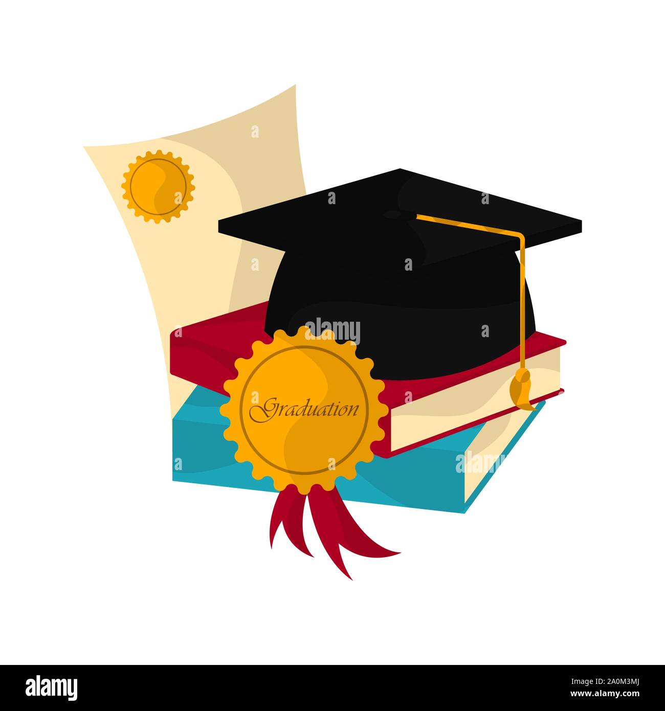 graduation cap with a medal, books, diploma and pen. Graduation concept