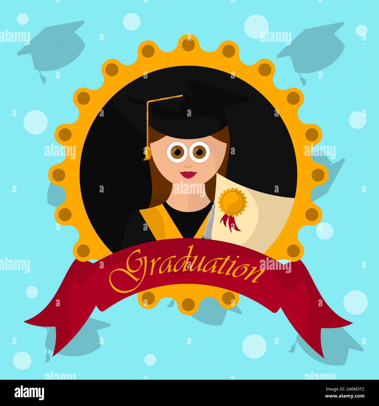 Graduation label with a young woman graduate over a colored background ...