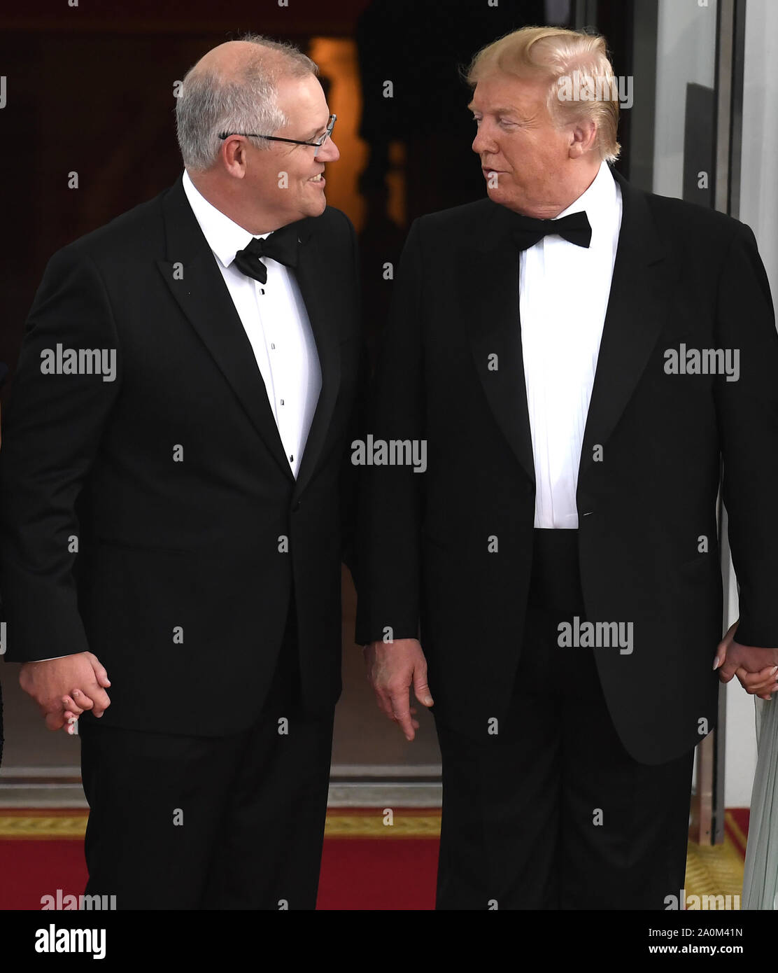 President Donald Trump (R) has a word with Australia's Prime Minister Scott Morrison as he and First Lady Melania Trump welcome him and Jennifer Morrison for a formal State Dinner, at the White House, Friday, September 20, 2019, in Washington, DC. The leaders capped a day in which they discussed trade, China and tensions in the Middle East.                        Photo by Mike Theiler/UPI Stock Photo
