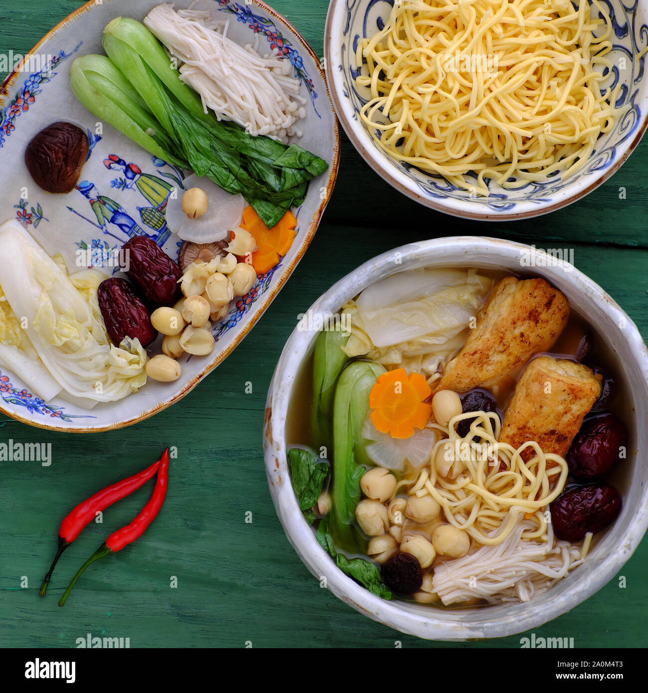 Vietnamese vegan noodle soup for breakfast, vegetarian homemade food