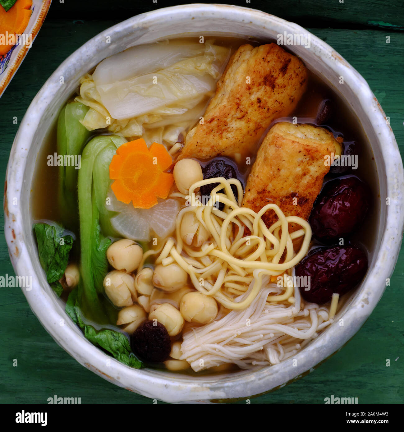 Vietnamese vegan noodle soup for breakfast, vegetarian homemade food