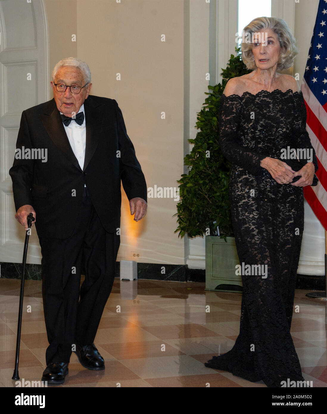 Washington, United States Of America. 20th Sep, 2019. Former United States Secretary of State Henry Kissinger and Nancy Kissinger arrive for the State Dinner hosted by United States President Donald J. Trump and First lady Melania Trump in honor of Prime Minister Scott Morrison of Australia and his wife, Jenny Morrison, at the White House in Washington, DC on Friday, September 20, 2019.Credit: Ron Sachs/Pool via CNP | usage worldwide Credit: dpa/Alamy Live News Stock Photo