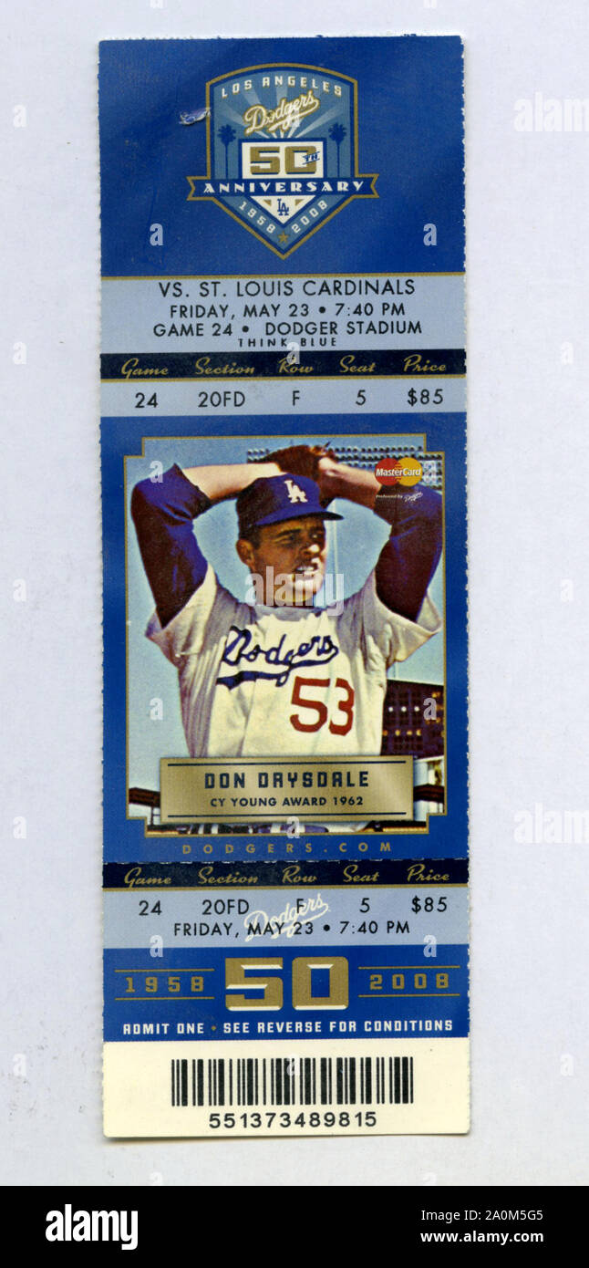 Ticket stub from Dodger baseball game at Dodger Stadium in 2008 commemorating the 50th anniversary of the Dodgers arrival in Los Angeles in 1958 from Brooklyn. A picture of Hall of Fame pitcher Don Drysdale appears on the ticket. Stock Photo