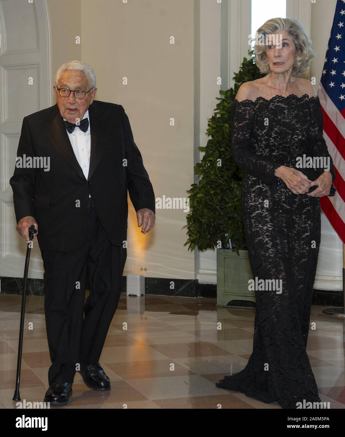 Washington, District of Columbia, USA. 20th Sep, 2019. Former United States Secretary of State Henry Kissinger and Nancy Kissinger arrive for the State Dinner hosted by United States President Donald J. Trump and First lady Melania Trump in honor of Prime Minister Scott Morrison of Australia and his wife, Jenny Morrison, at the White House in Washington, DC on Friday, September 20, 2019 Credit: Ron Sachs/CNP/ZUMA Wire/Alamy Live News Stock Photo