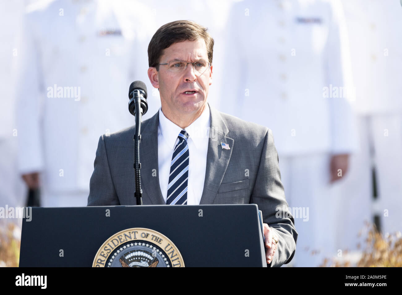 Arlington, Virginia, USA. 11th Sep, 2019. MARK ESPER, United States Secretary of Defense, speaking at the September 11th Memorial Observance Ceremony at the Pentagon. Credit: Michael Brochstein/ZUMA Wire/Alamy Live News Stock Photo