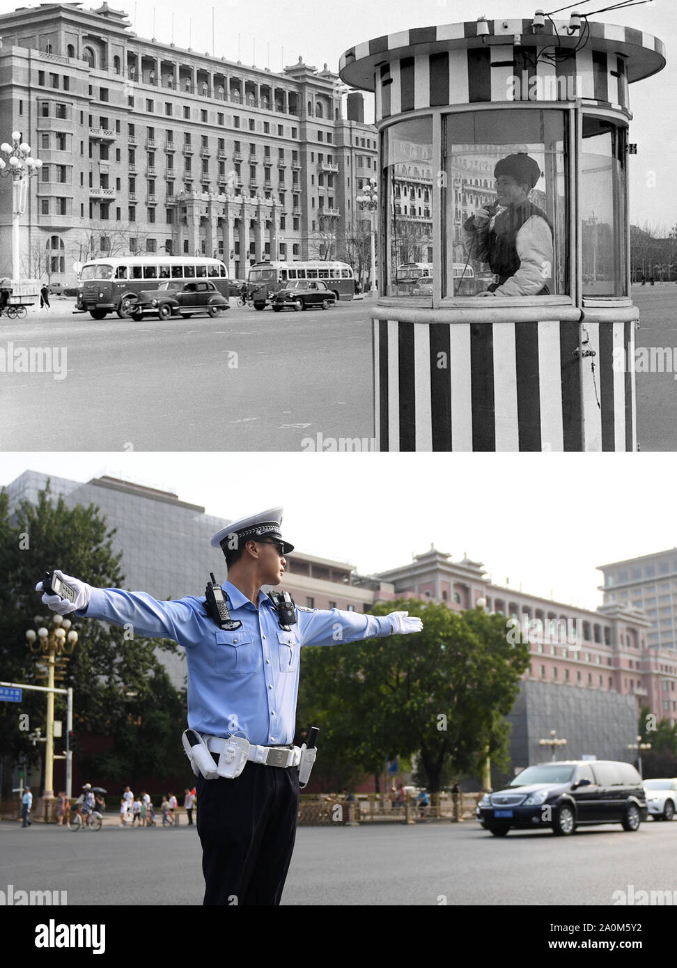 (190921) -- BEIJING, Sept. 21, 2019 (Xinhua) -- Top: File photo taken in 1960 by Huang Jingda shows a police officer on duty at the Chang'an Avenue in Beijing, capital of China.Bottom: Photo taken on June 26, 2019 by Zhang Chenlin shows police officer Ren Junhan on duty at the Chang'an Avenue in Beijing. Big data and remote control have been applied in traffic flow prediction and traffic light control as traffic management today is geared to digital, intelligent and modern directions. In 1949 when the People's Republic of China was founded, the Chinese people faced a devastated country that ne Stock Photo