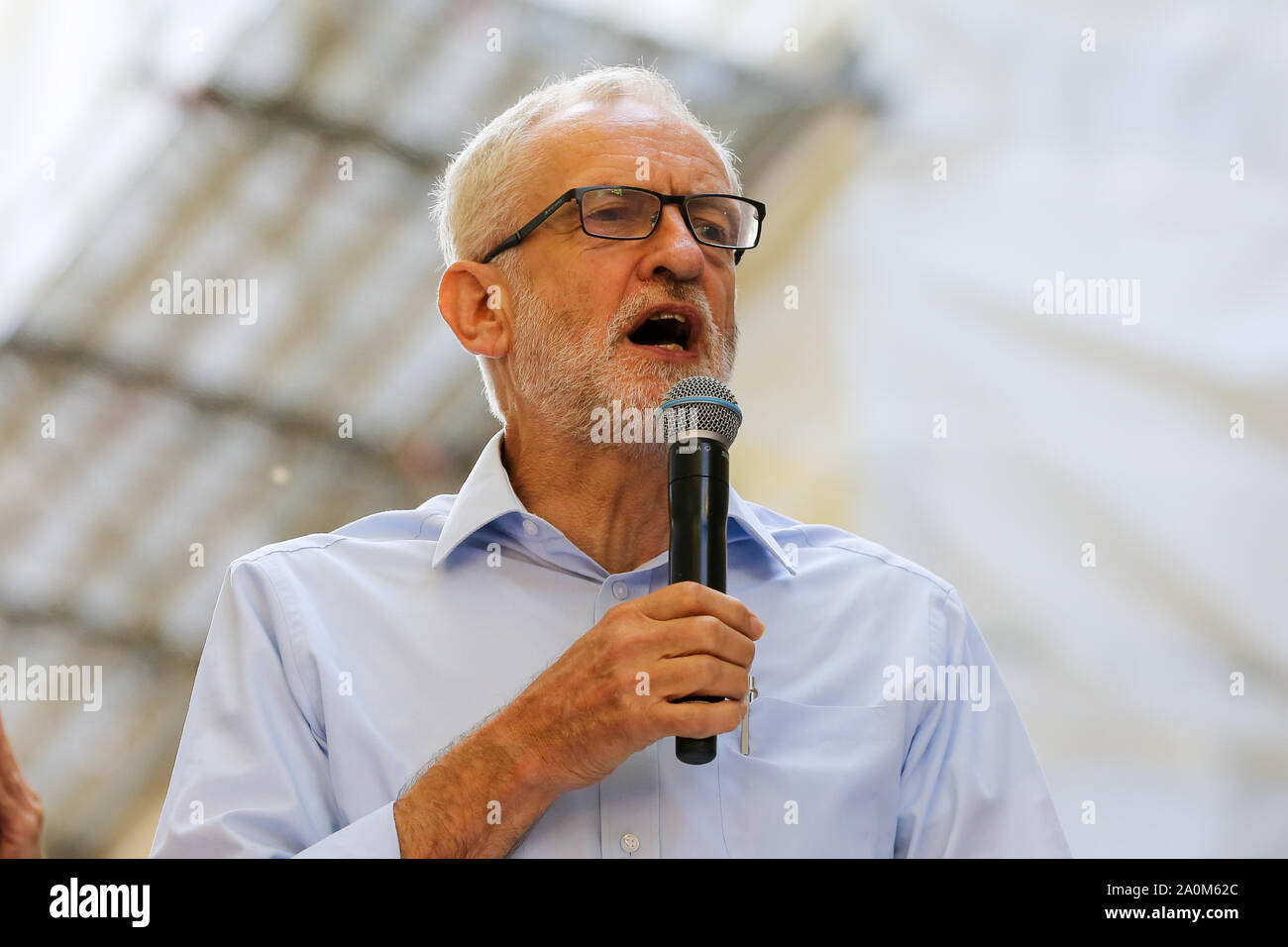 London, UK. 20th Sep, 2019. Labour Leader, Jeremy Corbyn, speaks during the demonstrations.Hundreds of young people worldwide joined hands in the third such worldwide global climate strike and it may be the biggest day of climate demonstrations in history. Credit: SOPA Images Limited/Alamy Live News Stock Photo