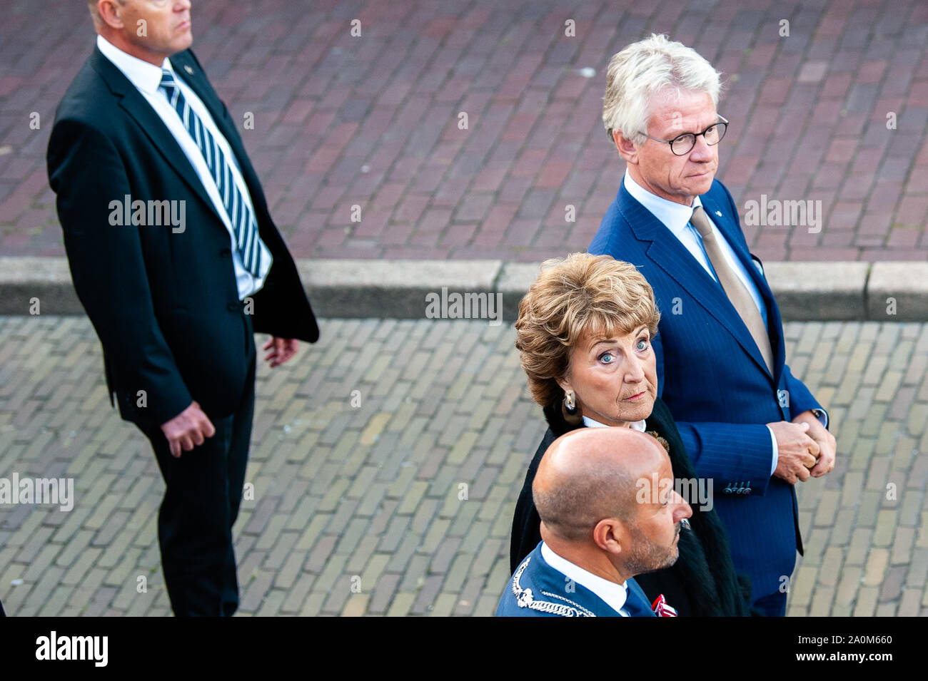 Princess Margriet of the Netherlands and Mayor of Arnhem, Ahmed Marcouch arrive at the ceremony.During the Airborne ceremony with an international contribution at the Airborne Square at the foot of the John Frost Bridge in Arnhem, all Allied soldiers are commemorated, who fell in battle whilst trying to conquer and hold the Arnhem bridge (John Frost bridge) on the 17-23 September 1944. British and Polish veterans, as well as military and civilian officials, pay their respect to those who gave their lives for freedom by laying wreaths. The 75th anniversary of the Battle of Arnhem ceremony also Stock Photo