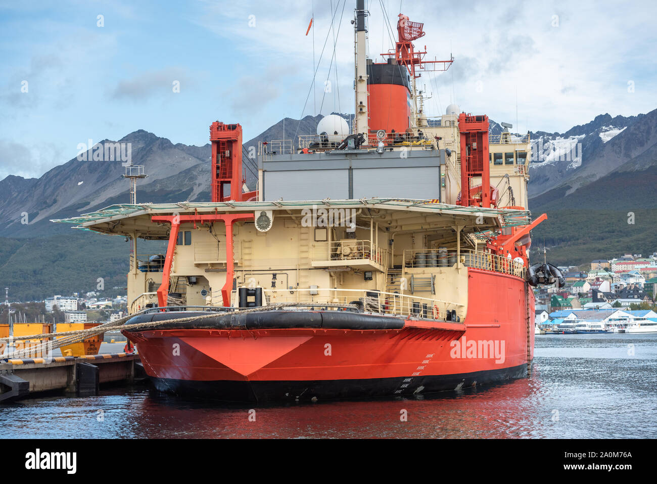 Ushuaia, Argentina - March 27 2019: Stern of a large icebreaker of the Argentine Navy moored in the seaport of the city Stock Photo