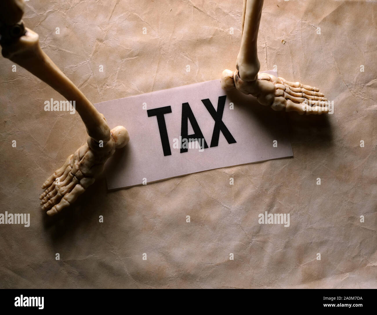 A human skeleton holding a Tax label Stock Photo - Alamy