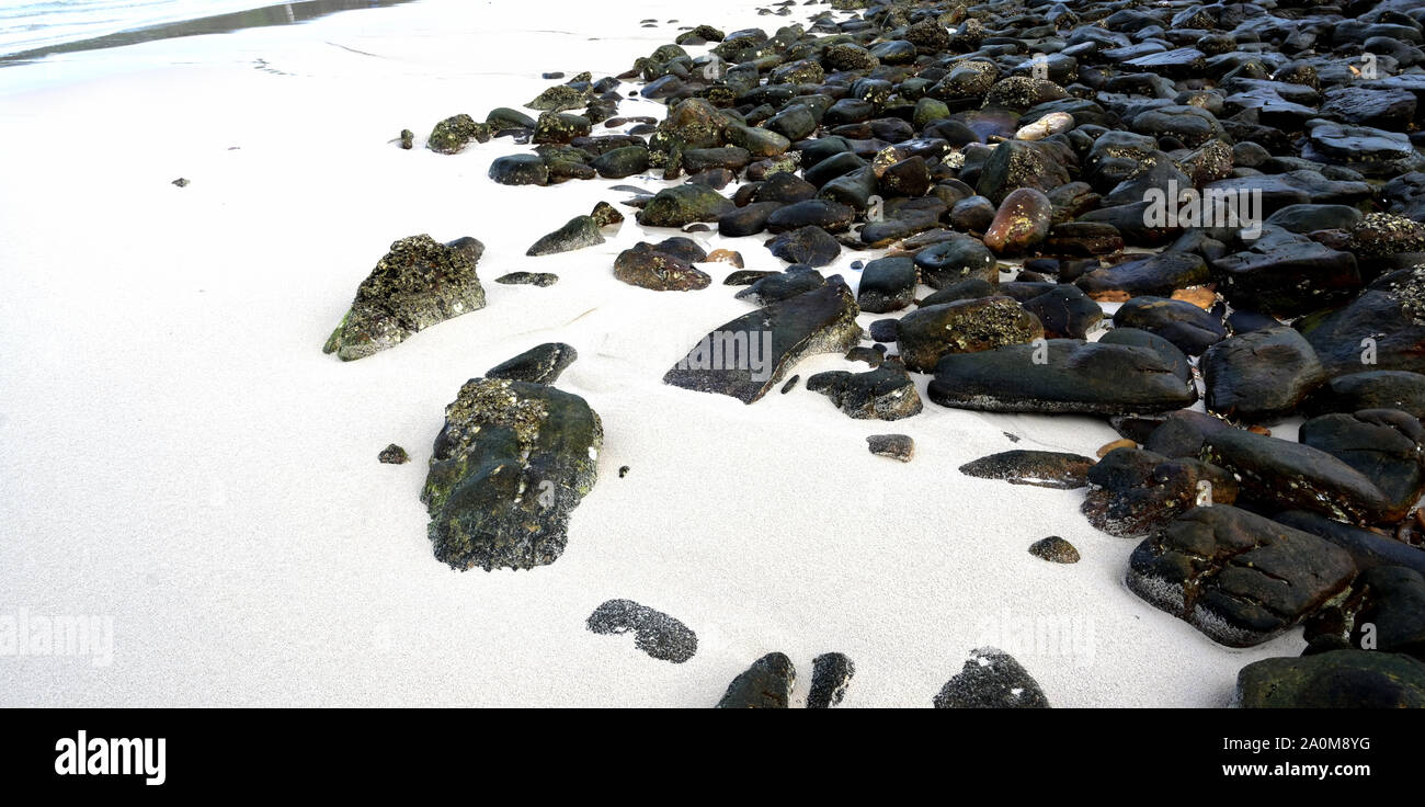 Tropical landscape with beautiful tiny black rocks on clear white sandy ...
