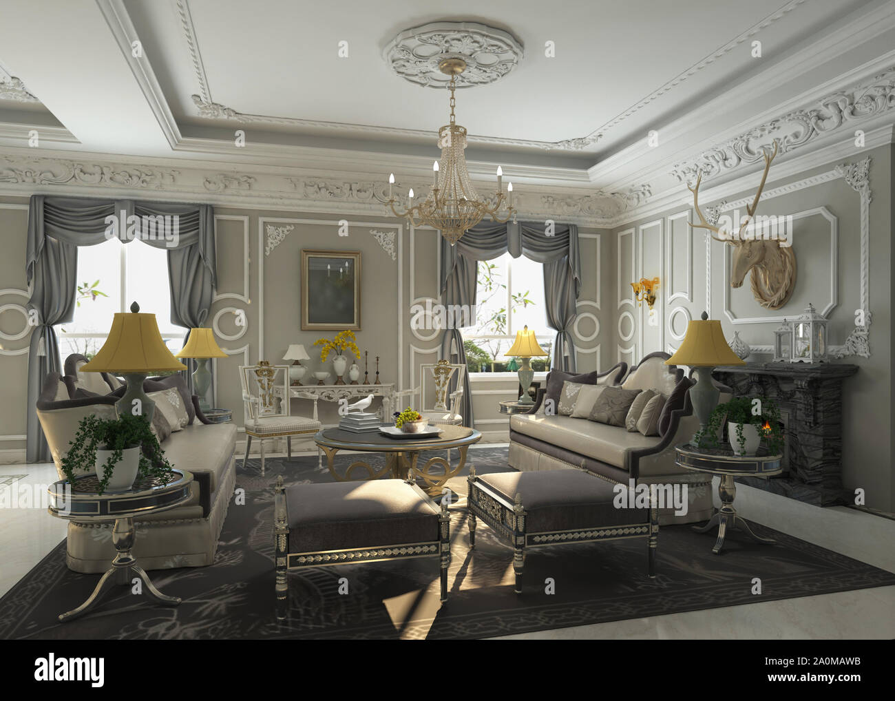 3D illustration living room interior in european style Stock Photo - Alamy
