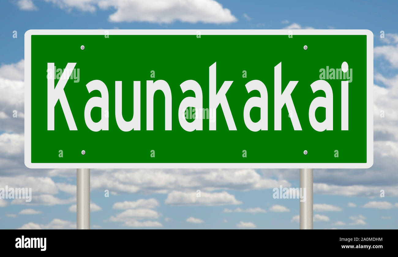 Rendering of a green road sign for Kaunakakai Hawaii Stock Photo