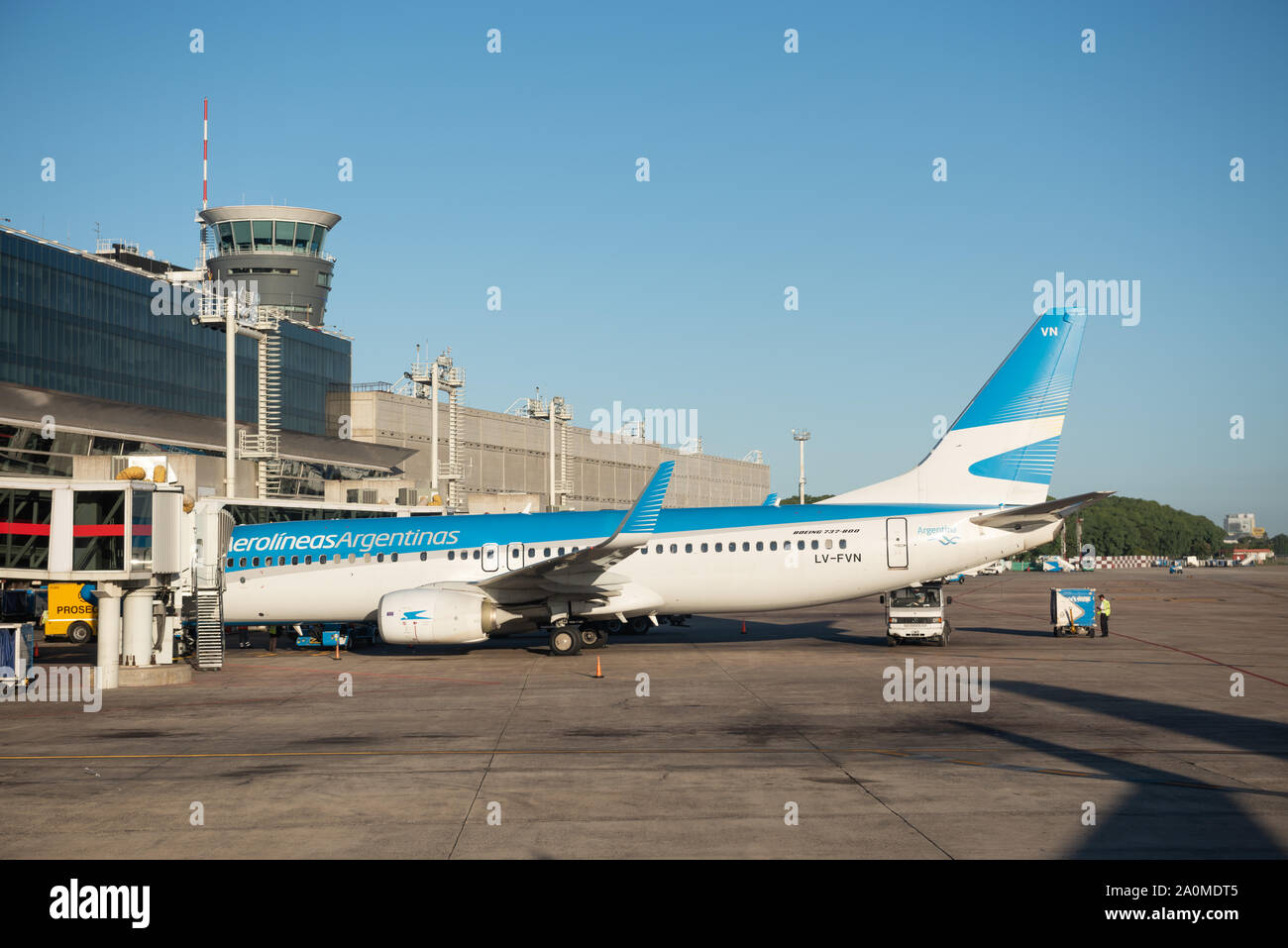 Buenos Aires, Argentina - April 3 2019:  Domestic flight of Aerolineas Argentinas in the sleeve before leaving Stock Photo
