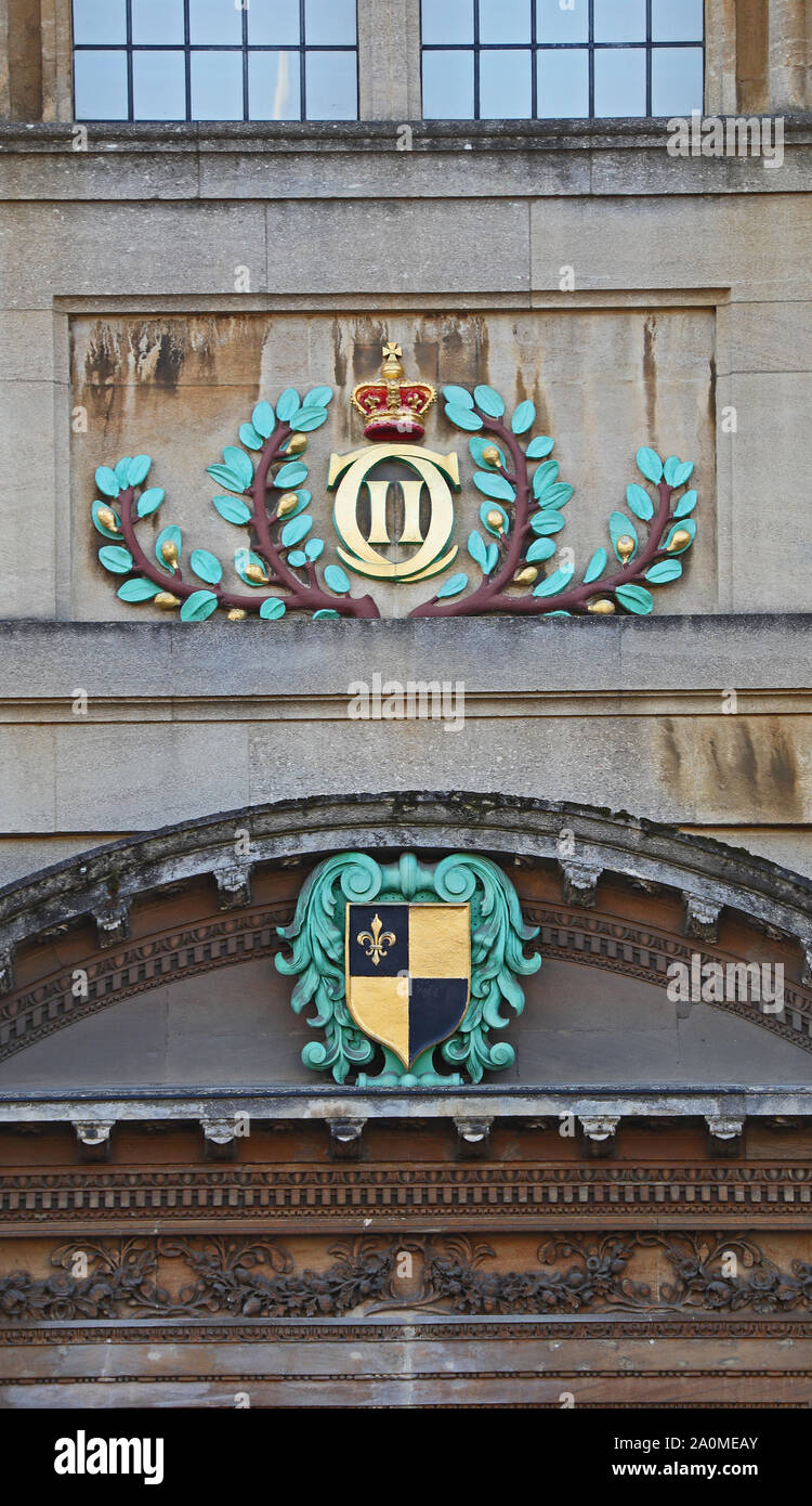 entrance to the History of Science Museum, Oxford formerly the Ashmolean Museum with Elias Ashmole's coat of arms and Charles II's cypher from 1680s Stock Photo