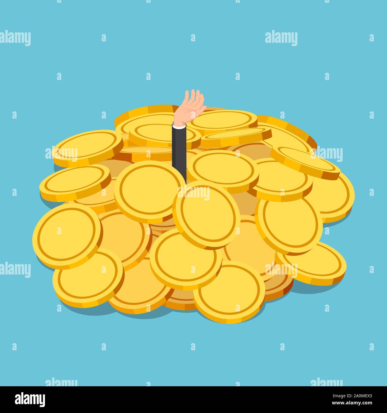 Flat 3d isometric businessman drowned in gold coin pile. Financial crisis or business success concept. Stock Vector