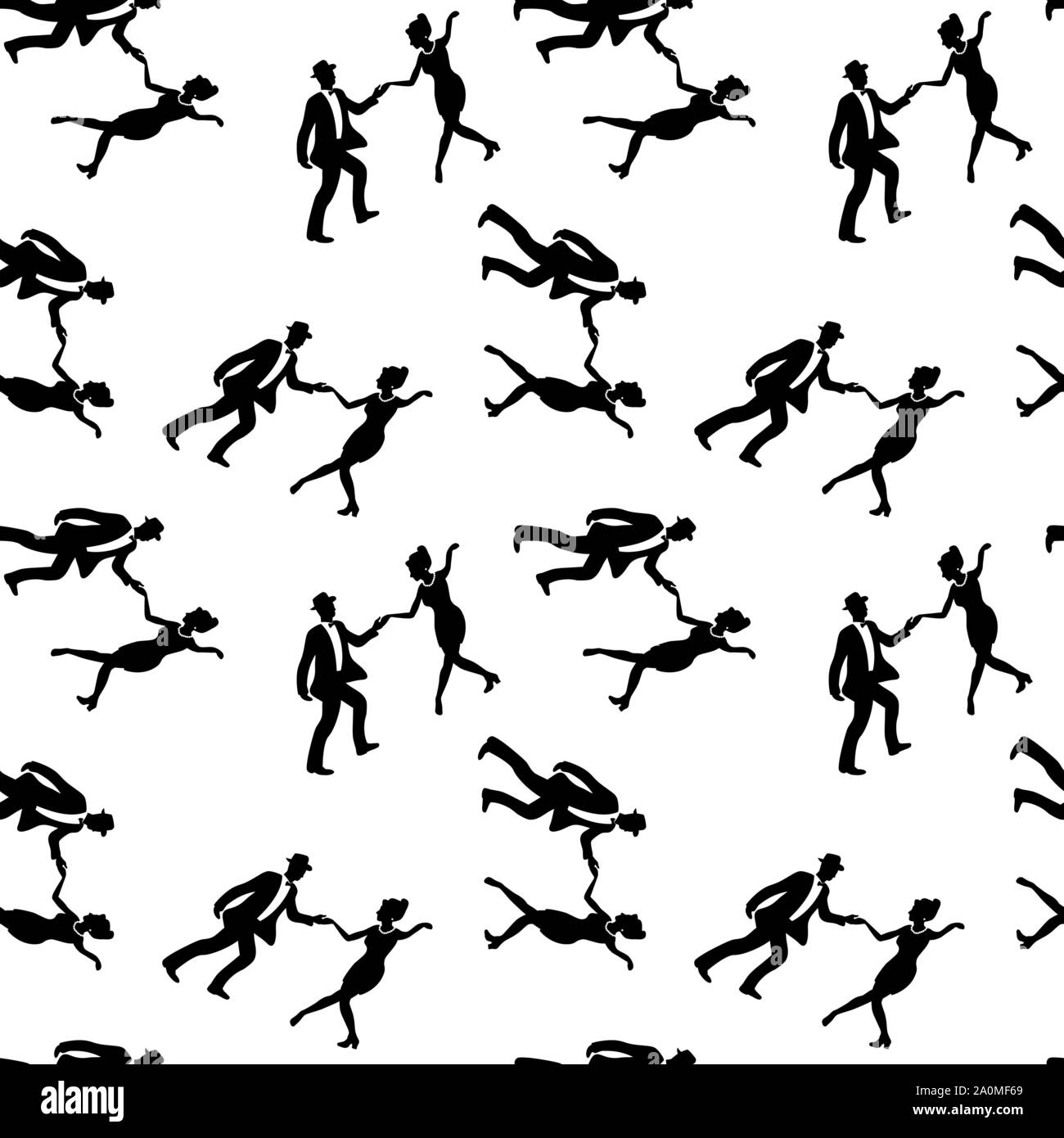 Seamless pattern with couples dancing jazz. Black and white colors. 1940s and 1930s style. Woman with beads and man with bow tie and hat. Stock Vector