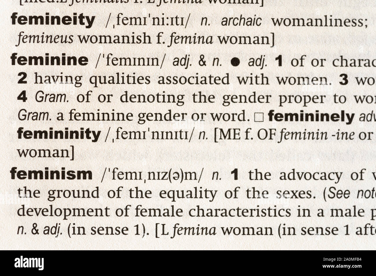 An English dictionary page displaying the word Feminism - concept for women's rights and the 'me too' movement Stock Photo