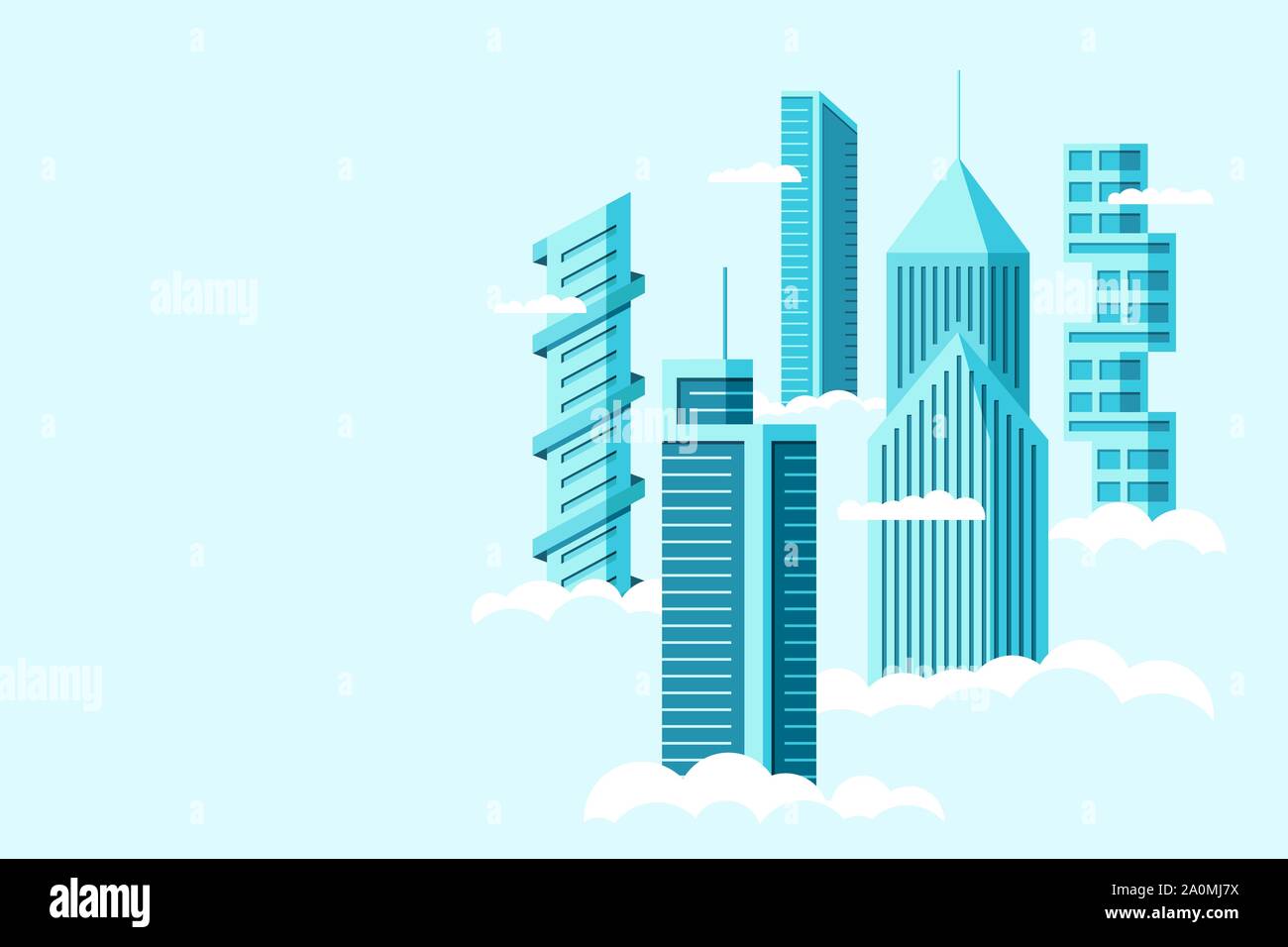 Detailed future city with different architecture high buildings skyscrapers apartments above clouds. Futuristic graphic cityscape town. Vector real estate construction over sky illustration Stock Vector