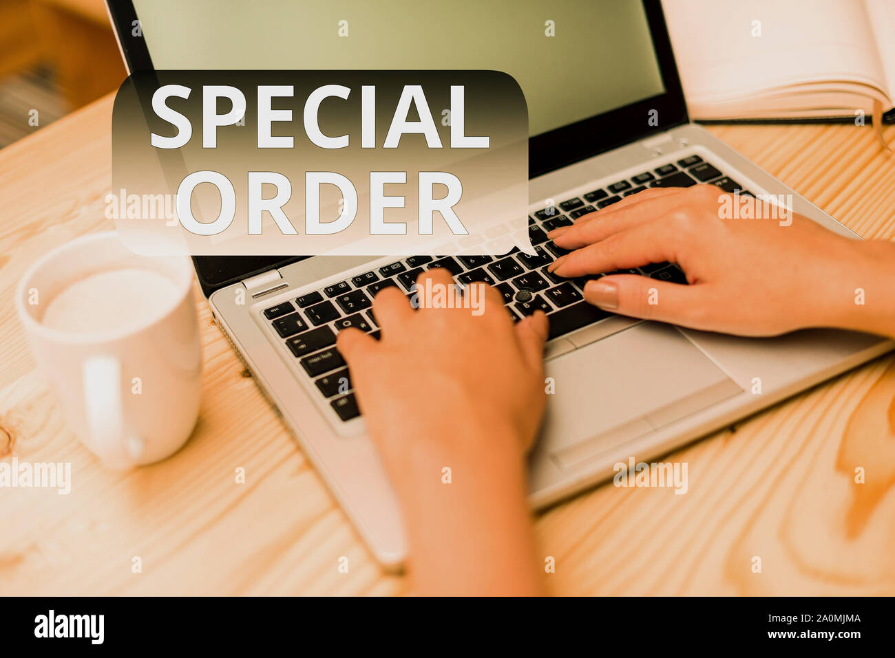Text sign showing Special Order. Business photo showcasing Specific Item Requested a Routine Memo by Military Headquarters woman laptop computer smart Stock Photo