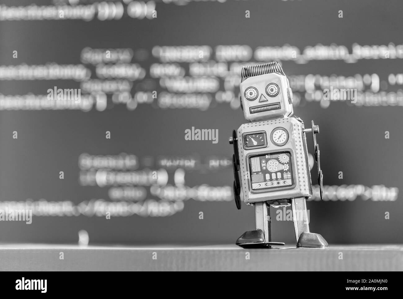 Symbol for a chatbot or social bot and algorithms, program code in the background Stock Photo